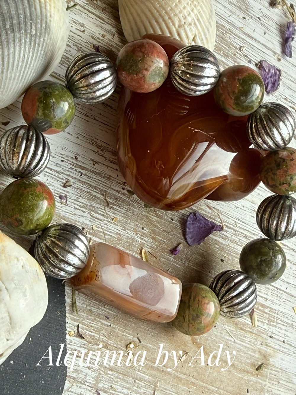Carnelian + Unakite Earth-Tone Jasper & Silver-Accent Beaded Bracelet